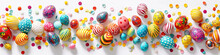 Border Of Easter Multicolored Eggs In Horizontal Line Isolated On White.