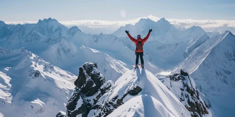Poster - A man standing on top of a snow covered mountain. Ideal for adventure, nature, and outdoor themes