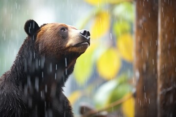 Wall Mural - sun bear in a forest during light rain