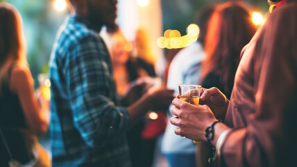 People socializing at an outdoor evening party with drinks