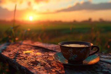 Poster - A cup of coffee sitting on top of a wooden table. Perfect for coffee shop promotions or lifestyle blog posts