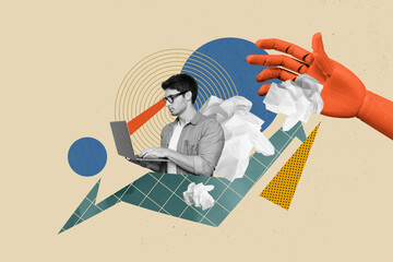 Poster - Collage picture of big wooden arm throw crumpled paper mini black white colors guy use laptop isolated on beige background