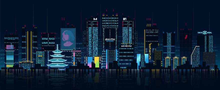 Cyberpunk background. Futuristic night cyberpunk city background with parallax. Multilayer background for pixel art games and design