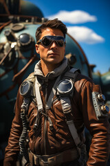 Poster - Man wearing leather jacket and goggles standing in front of large metal object.