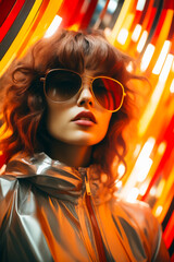 Poster - Woman with red hair and sunglasses on her face.