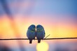 silhouetted budgerigars at dusk with a sunset backdrop