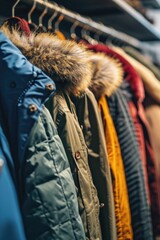 Poster - A row of jackets hanging on a rack. This versatile image can be used to showcase a variety of clothing options and styles