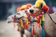 side profile of camels with colorful tack