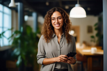 Poster - Woman with glasses is holding cell phone and smiling.