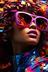 Sticker - Woman with pink sunglasses and colorful hairdo.