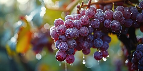 Poster - A bunch of red grapes hanging from a tree. Suitable for food and agriculture related projects