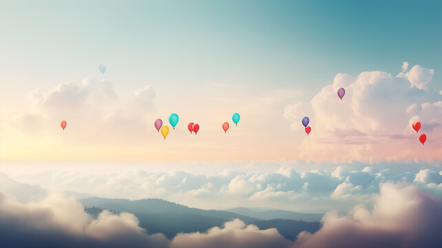 panorama of multicolored balloons in the sky above the clouds, background, space, freedom and happiness
