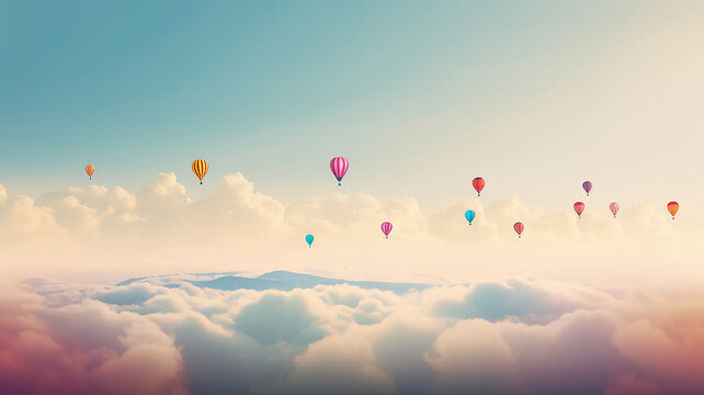 panorama of multicolored balloons in the sky above the clouds, background, space, freedom and happiness