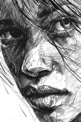 Poster - A black and white drawing of a woman's face. Suitable for various artistic and creative projects