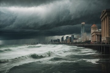 Poster - Stormy dark clouds are gathering over the city, a strong storm and a tornado are raging over the sea, forming multi-meter waves. Natural disaster, dramatic view.