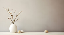 Minimalistic Easter Still Life. A Vase With A Branch With Flowers And Easter Eggs On A Beige Background. Interior Photography. Springtime.