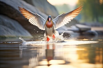 Wall Mural - wild duck flapping wings at waters edge in dawn