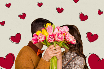 Canvas Print - Composite collage image of funny couple dance hide face bouquet flowers valentine day dating concept weird freak bizarre unusual fantasy