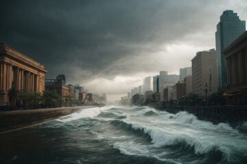 Poster - Stormy dark clouds gather over the city, a strong storm and a tornado, a flood in the river, forms strong waves. Natural disaster, dramatic view.