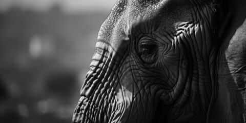 Poster - A detailed close-up of an elephant's face with a blurred background. Perfect for nature enthusiasts or wildlife documentaries