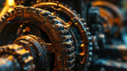 Poster - A detailed view of a machine with multiple gears. This image can be used to depict precision engineering, industrial processes, or the inner workings of a mechanical system