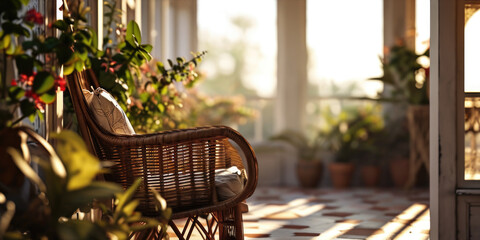 Poster - A wicker chair placed on a tiled floor. Suitable for interior design or home decor themes