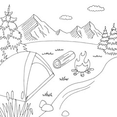 Camping graphic black white mountain landscape sketch illustration vector 