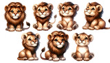 Fototapeta Dziecięca - set of watercolor cute safari lion isolated on transparent background