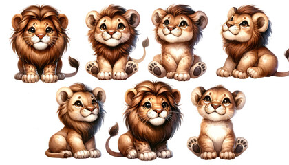 set of watercolor cute safari lion isolated on transparent background