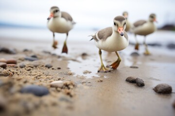 Wall Mural - goslings trailing behind geese on a pebbly shore