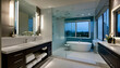 Contemporary bathroom with nighttime lighting featuring shower bathtub mirror and washstand