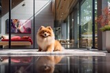 Fototapeta Zwierzęta - Fluffy Orange Pomeranian in Modern Living Room: Pet Comfort