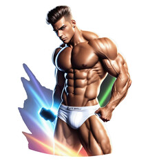 Sticker illustration of a muscular shirtless male bodybuilder on a transparent background created with Generative AI technology