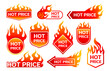 Hot price promotion labels with fire flames for sale offer, vector badges. Discount promo or special deal for hot price, shop labels and stickers with red yellow burning fire flames for store signs
