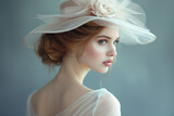 Fototapeta Tulipany - Portrait of beautiful young woman in vintage dress and hat of 19 century stylie