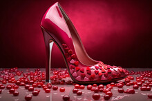 Red High Heels Shoes With Hearts Decoration. Valentine's Day Concept. 