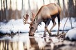 moose bending down to drink from a snow-melt pond