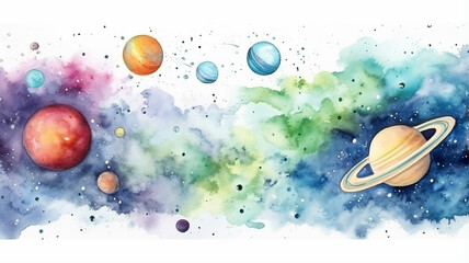 Wall Mural - planets in space on a white background, watercolor drawing for children primitive minimalistic poste