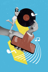 Sticker - Vertical collage concept of nostalgia music party of alone girl listen mp3 player in smartphone vinyl record isolated on blue background