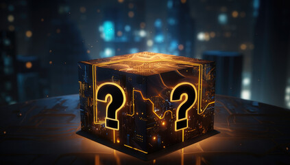 Mysterious gift box with question marks and golden bow on dark background with bokeh lights.