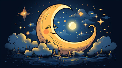 Wall Mural - cartoon crescent moon on a blue sky background, art character, good night children