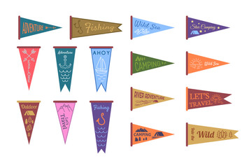 Poster - cartoon color different adventure pennants icons set concept flat design style. vector illustration 