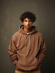 Wall Mural - Vertical portrait of young man african american or latino man wearing brown hoodie and dark background with copy space.  Hoodie mockup. Clothing template.