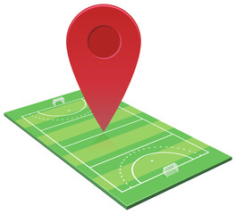 red map location marker placed on a 3d grass hockey field (cut out)
