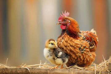 Wall Mural - A chicken with her cub, mother loves and cares in everyday life