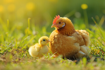 Wall Mural - a chicken with her cub, mother loves and cares in everyday life