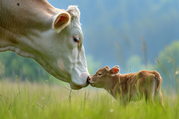 Wall Mural - a cow with her cub, mother loves and cares in everyday life