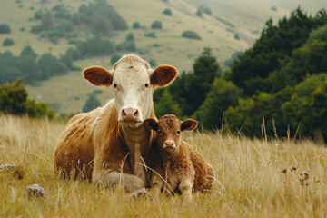 Wall Mural - a cow with her cub, mother loves and cares in everyday life