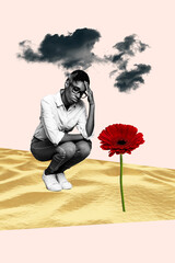 Poster - Vertical collage creative poster sitting depressed sad young girl single flower sand dark clouds mental problem lonely melancholy