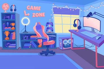 Wall Mural - Cartoon Color Gamer Streamer Blogger Room Professional Interior Inside Scene Concept Flat Design Style. Vector illustration